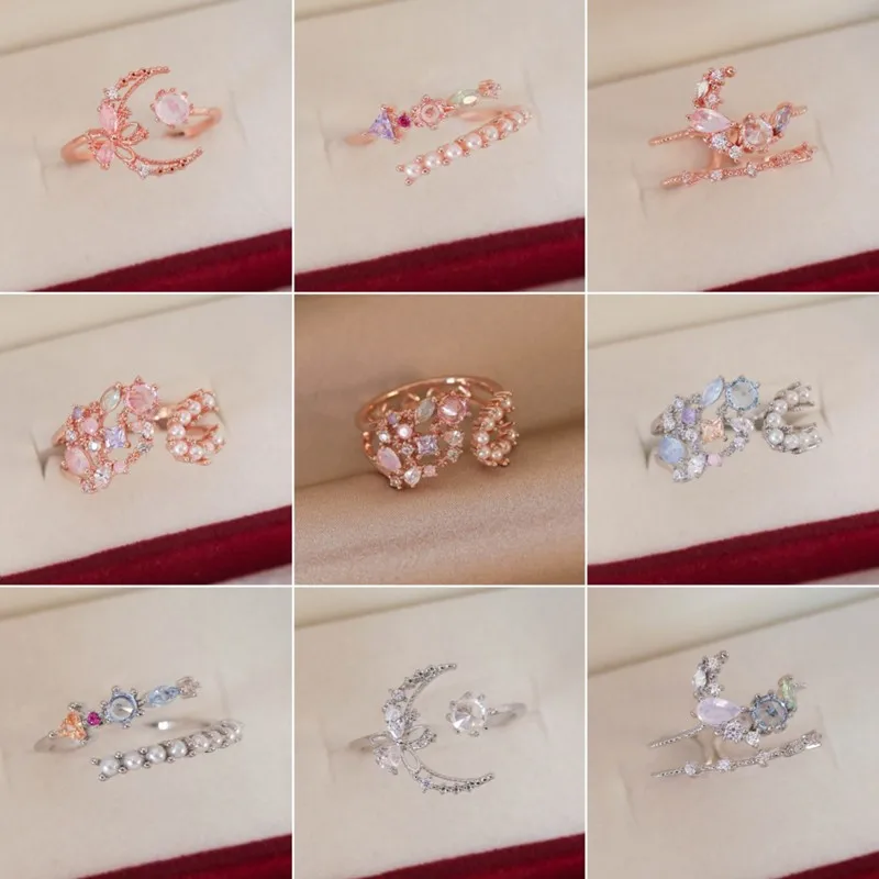 South Korea Fashion New Moon Simple Open Ring Sweet Pearl Flower Elegant Ring Women Jewelry