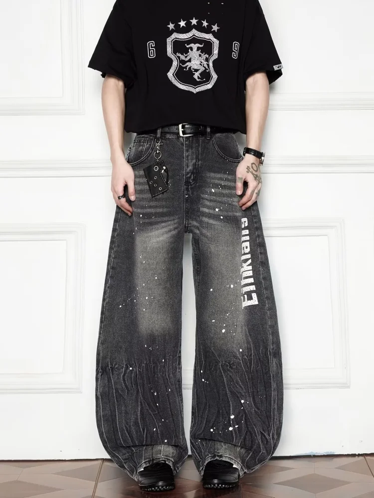 2025 사이버 Y2K 스트릿웨어 잉크 레터 프린트 배기 뉴 진 팬츠 남성 의류 하라주쿠 와이드 레그 빈티지 그레이 롱 트라우저