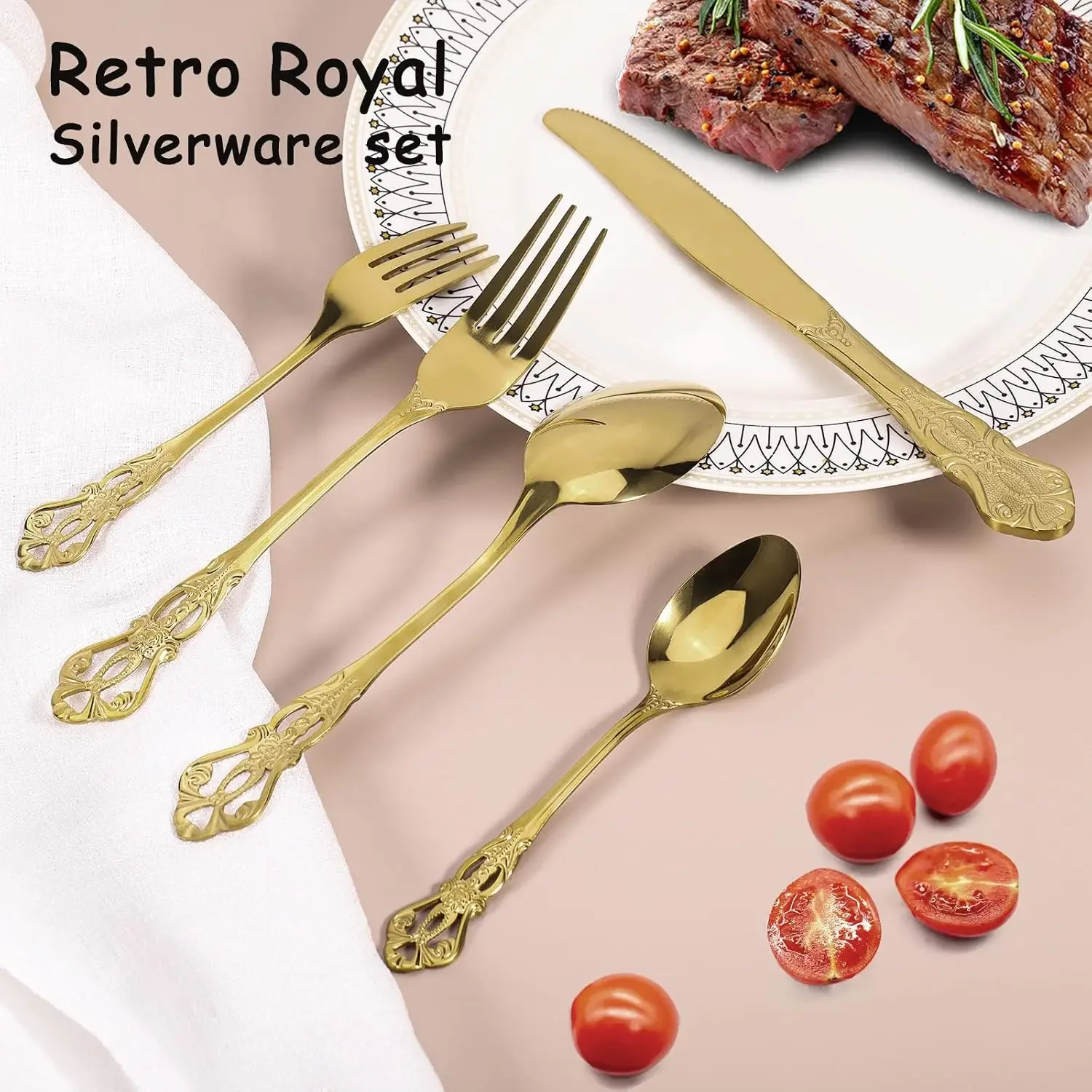 40-Piece Gold Silverware Set for 8, Stainless Steel Retro Flatware, Mirror Finish, Dishwasher Safe view 4