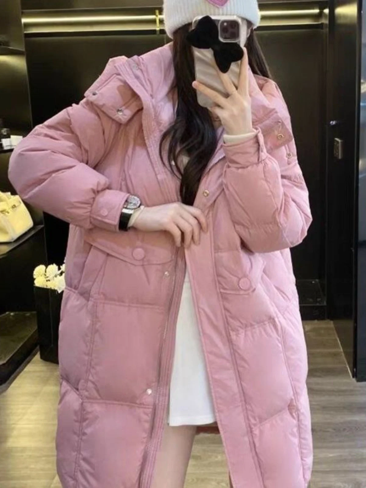 Damen-Daunenmantel mit Kapuze, mittellang, Thiened, warm, 90 % weißer Du-Federmantel, koreanischer Sle Commute Memory-Stoff, Polyester...