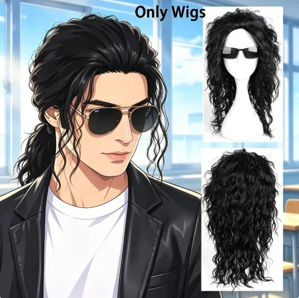 Anime Michael Jackson Cosplay Michael Cosplay Black Wig Michael Role Play Medium Long Curly Black Hair Wig Halloween Cos Wigs