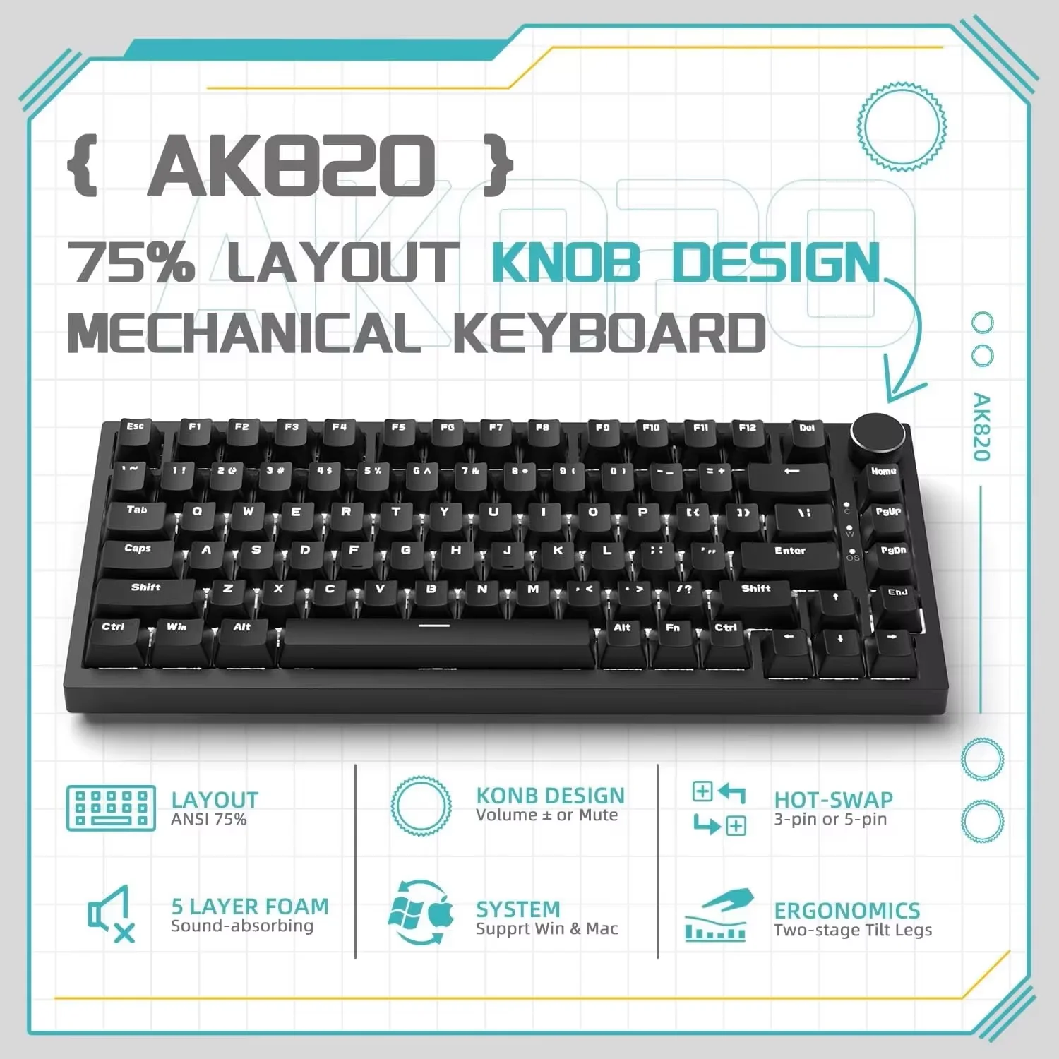 AK820 Wired Full-Key Hot-Swap Keyboard Removable USB Port White/Ice Blue Backlight Premium Sense Colorway