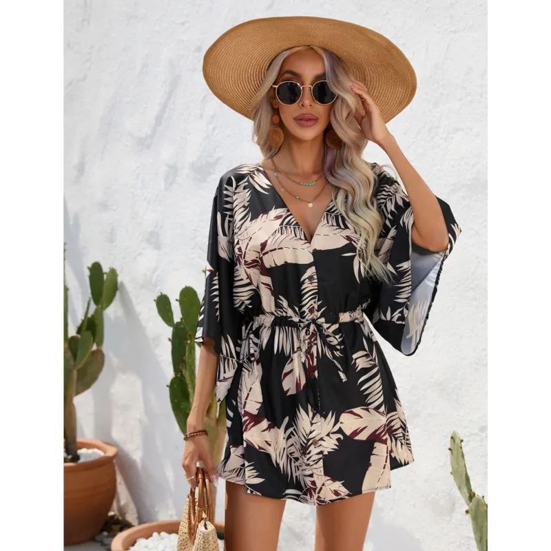 

Boho New Women Floral Print Shirt Dress V-neck Raglan Half Sleeve Pullover Loose Lace-up Dress Street Casual Holiday Style Dress