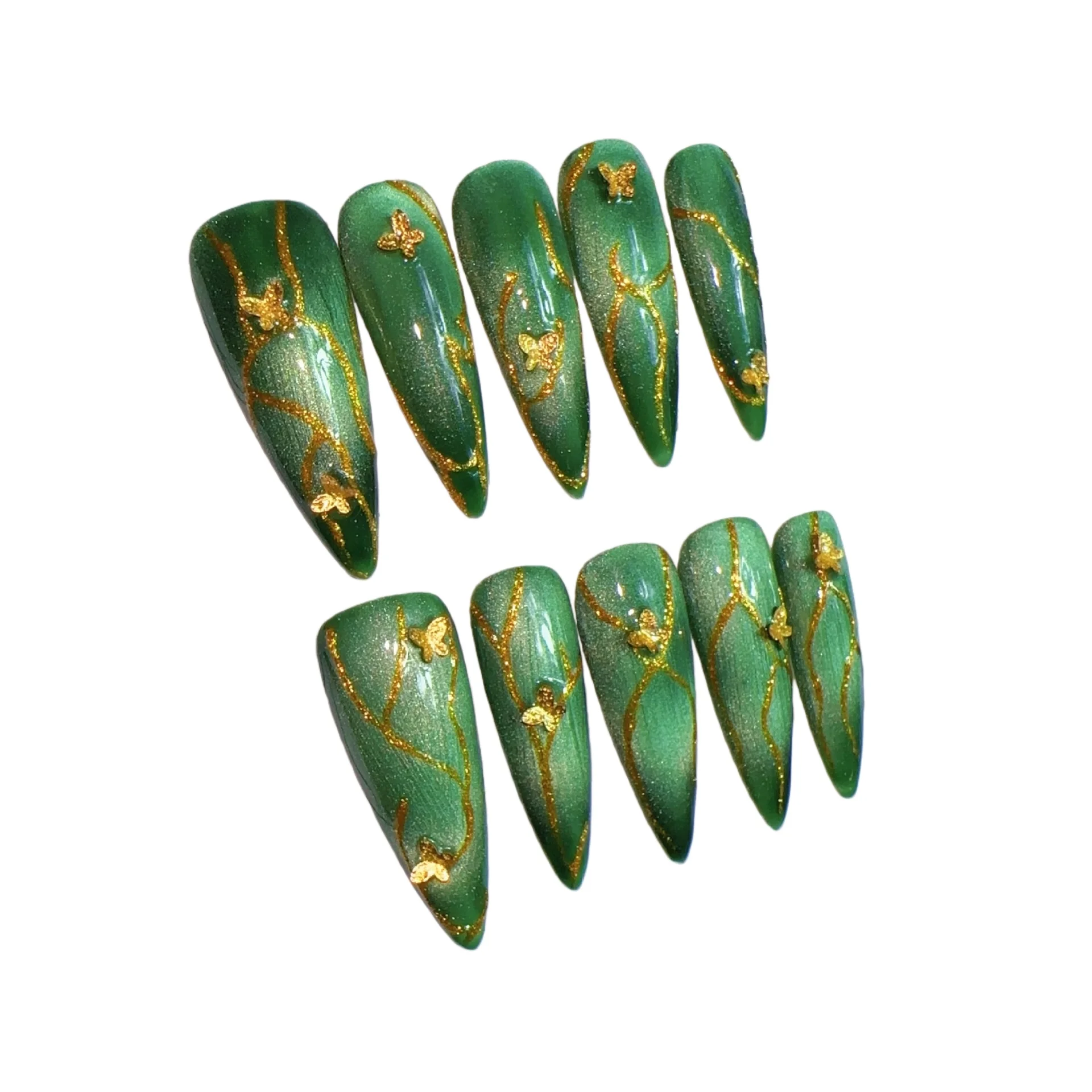 10개입 골드 나비 프레스온 네일 스틸레토 수제 캣아이 웨이브 라인 글리터 미니멀리스트 데일리 인조 손톱