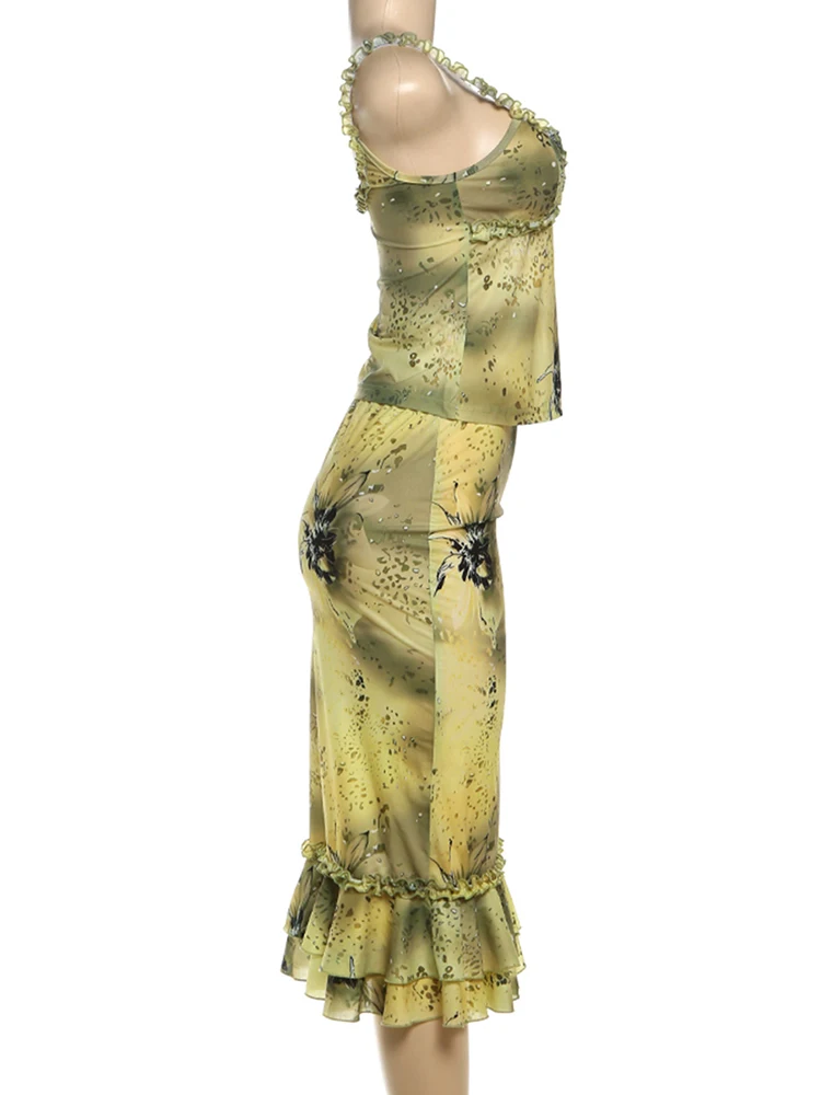 

Tie Dye Ruffle Trim Women 2 Piece Set Summer Aesthetic Low Neck Camis+Stacked Slim Maxi Skirts Female Vacation Outfits