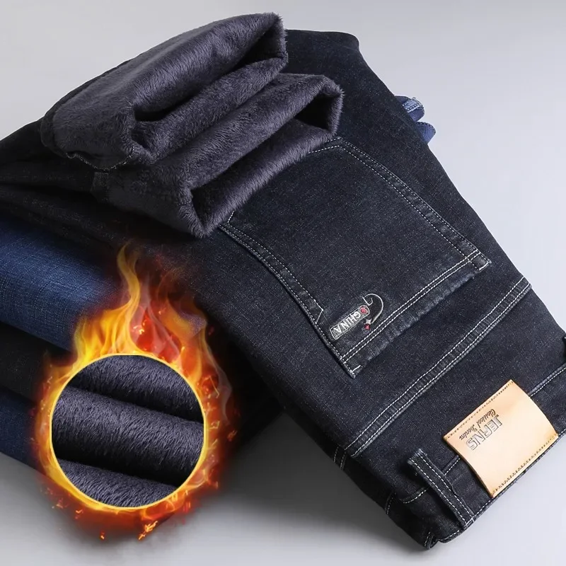 2026 Stretch Denim Jean Straight Trousers Fashion Male Cotton Pants Men  Brand Winter Warm Fleece Men's Jeans Thick