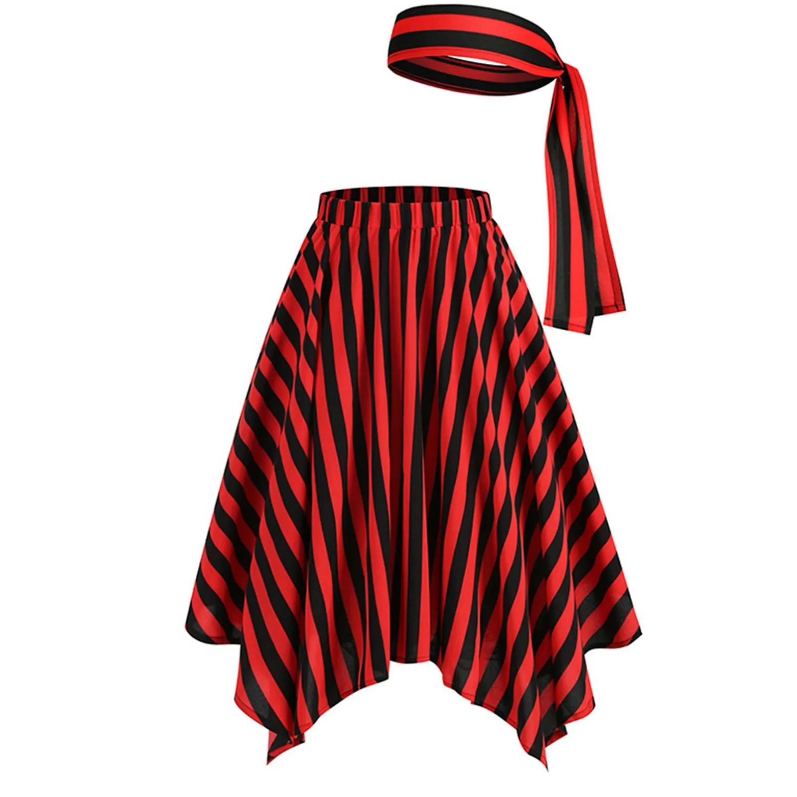 Halloween Fashion Skirt Black Red Color Block Stripe Half Skirt Women's Irregular Hem Elastic Waist Cosplay Costume With Belt