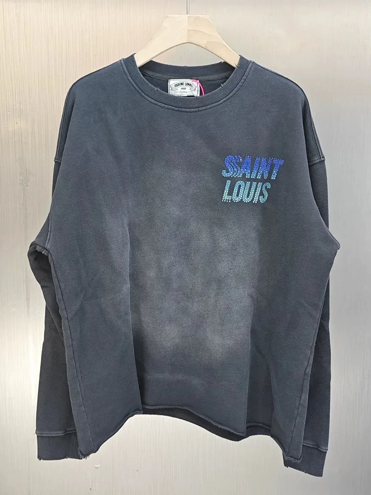 

25ss SSSAINT LOUIS Rhinestone Logo Round Neck Sweatshirts Men Women Best Quality Saint Michael Washed Black Hoodies