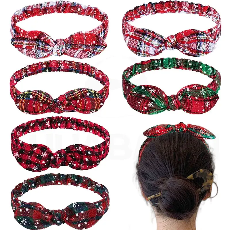 Fashion Christmas Snowflake Checkered Hairbands High Stretch Red Bow Headband For Women Girl Makeup Hoop