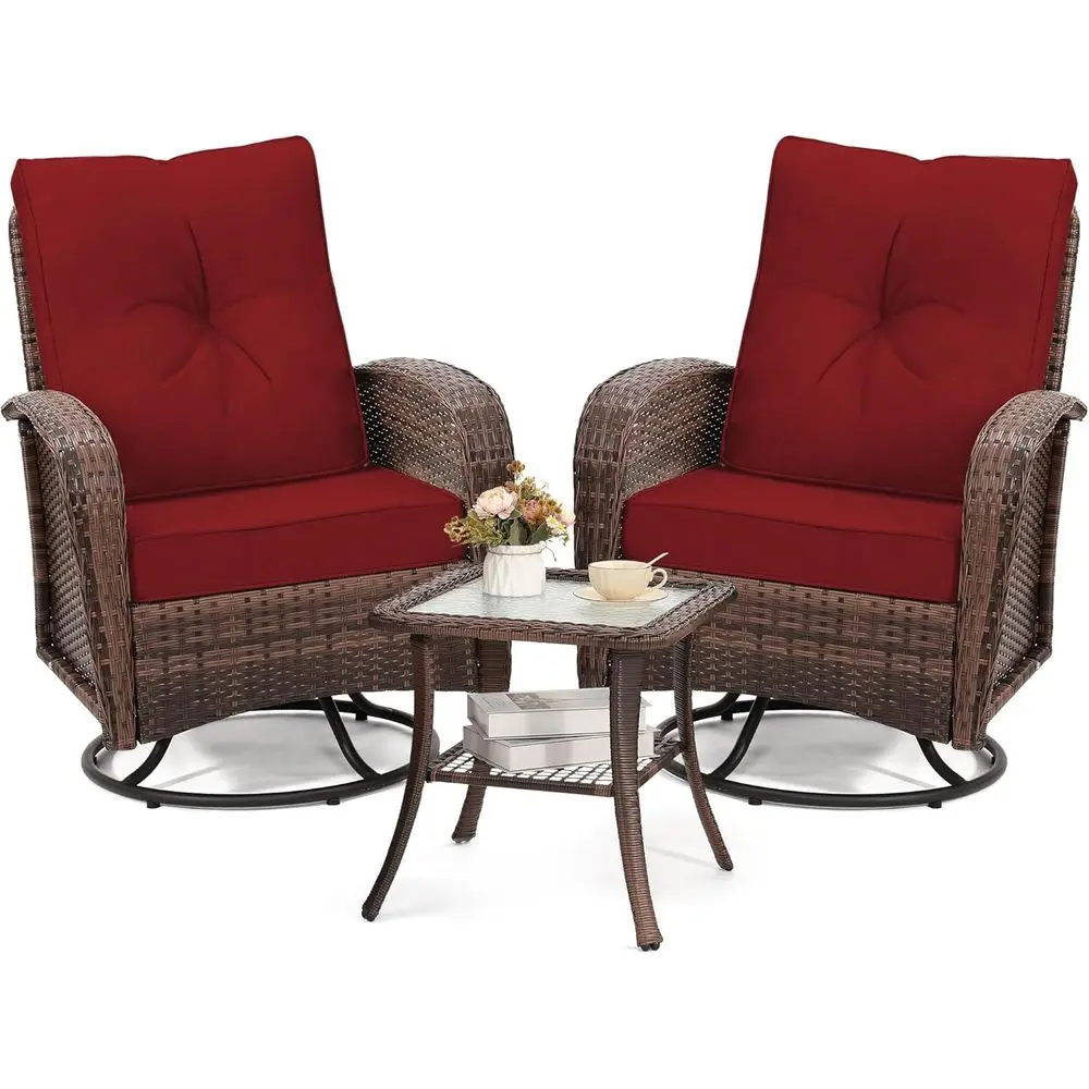 

Элегантный плетеный поворотный комплект для патио с подушками, идеально подходит для террас и балконов, коричневый ротанг с красными подушками