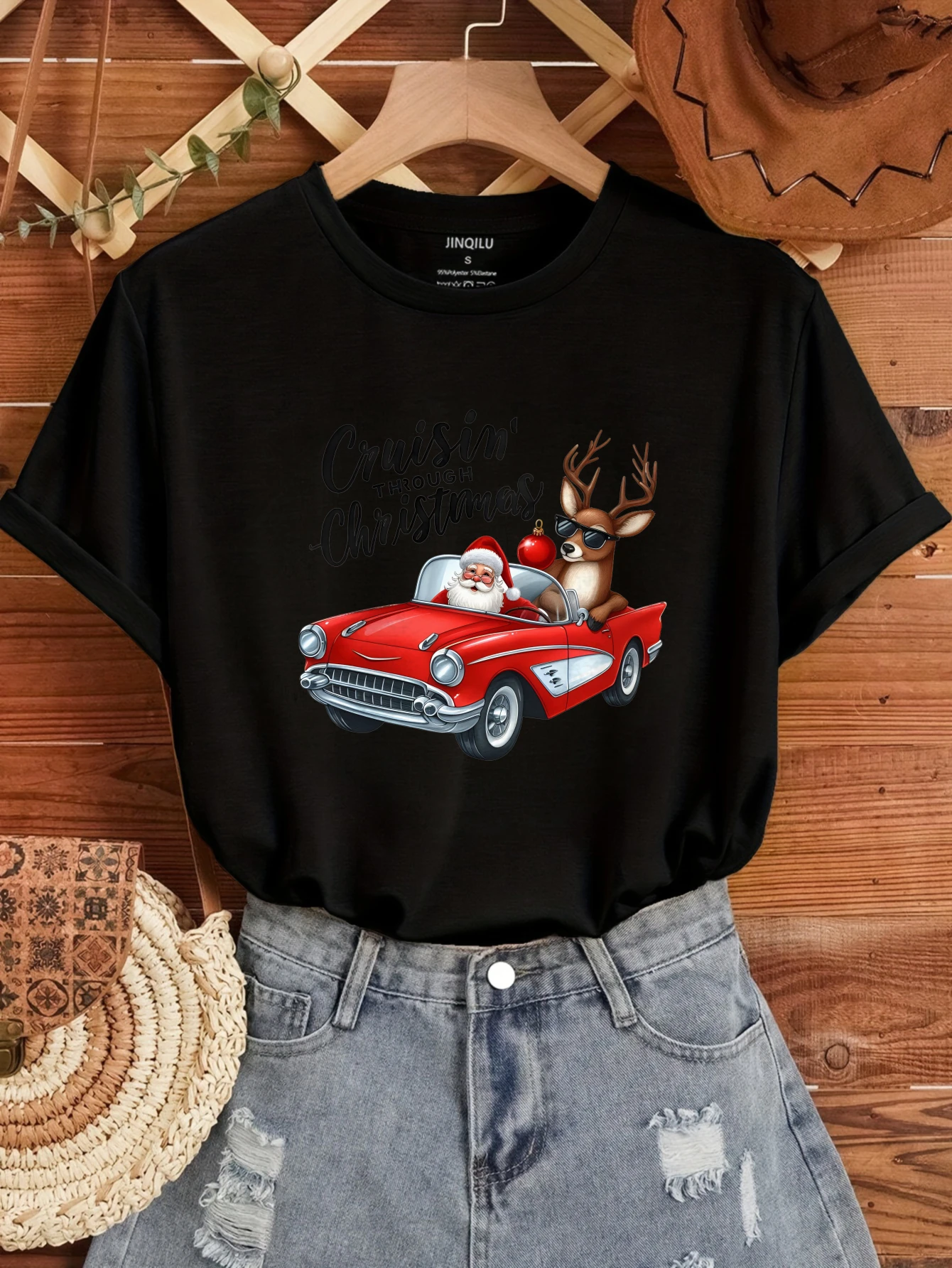 

2025 Christmas deer driving a car graffiti print top Women Spring Summer Short Sleeve Broadcloth T-Shirt Lightweight Breathable