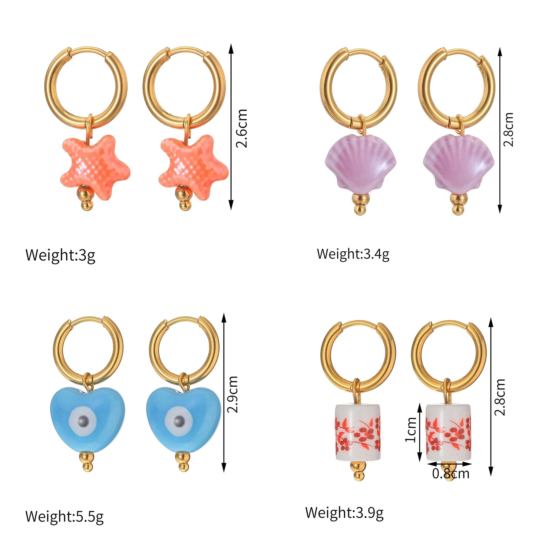Seakissky Cute Candy Colored Ceramic Star Heart-shaped Geometry Pendants Earrings For Women Girl Simple Fashion Jewelry Gifts