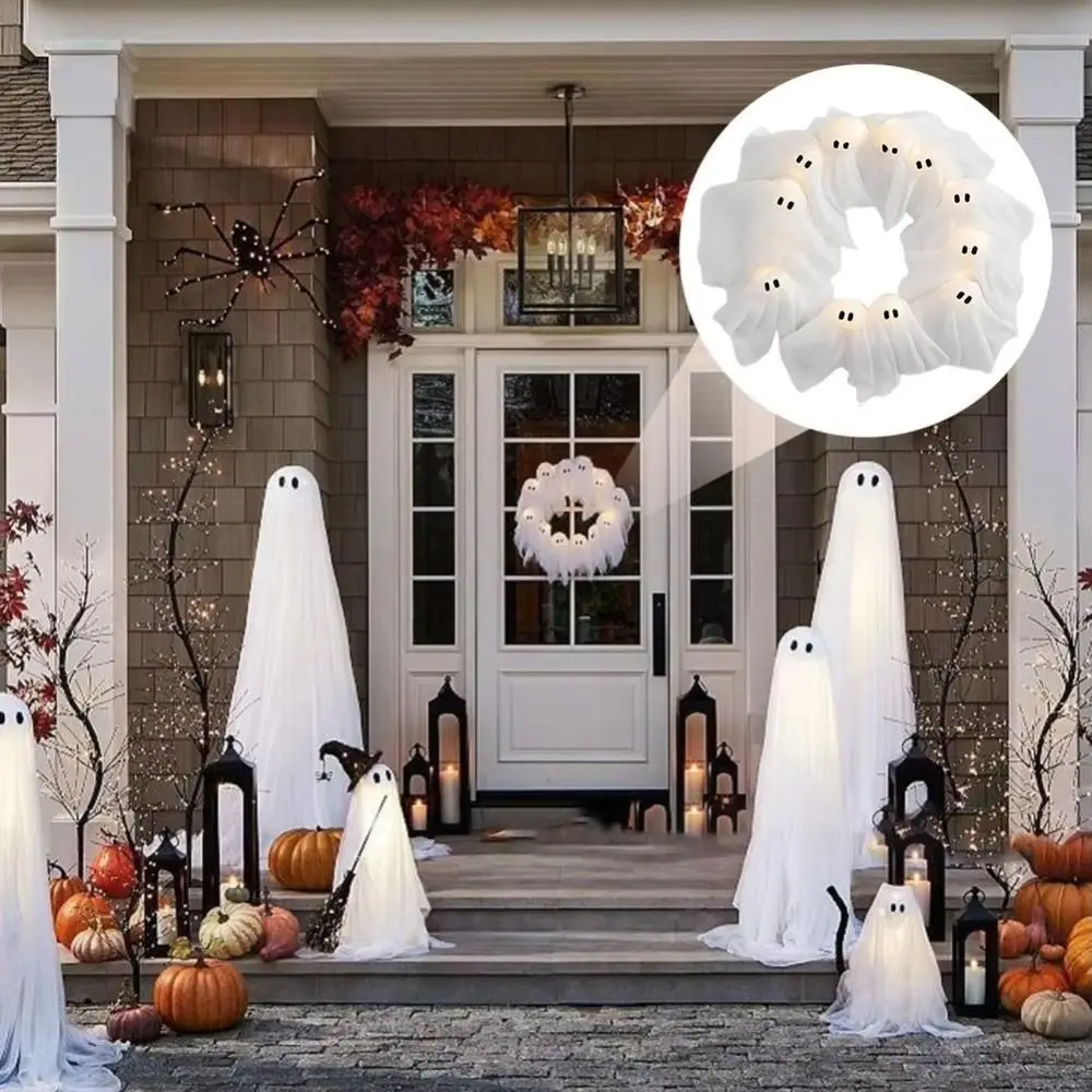

Funny 11 LED Lights Ghost Wreath Creative Cartoon LED Light-Up Wreath Wall Decor White Halloween Wreath Haunted House