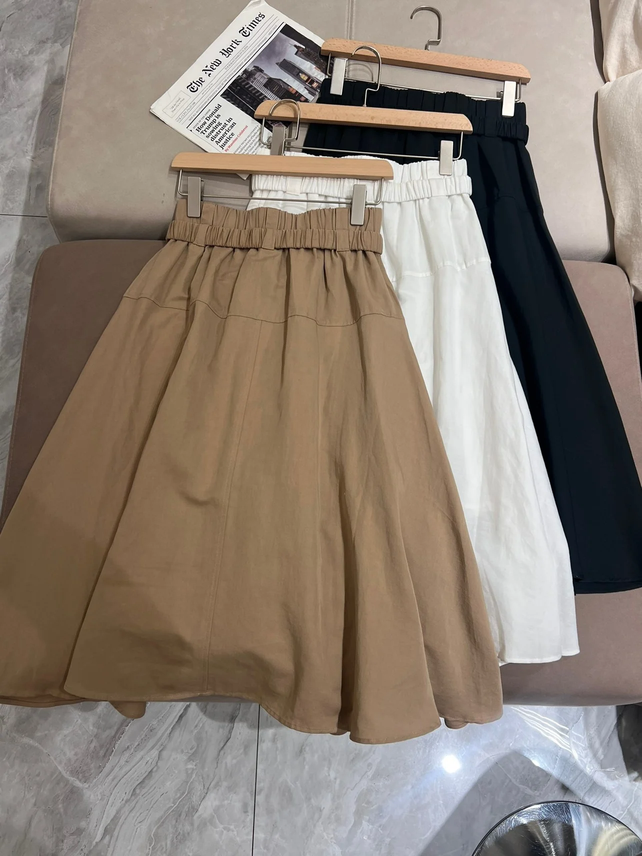 Summer  Women's Skirts Cotton Linen Straight Elastic Waist Mid-Calf Skirt Elegant Woman Clothing Vintage Female Skirt