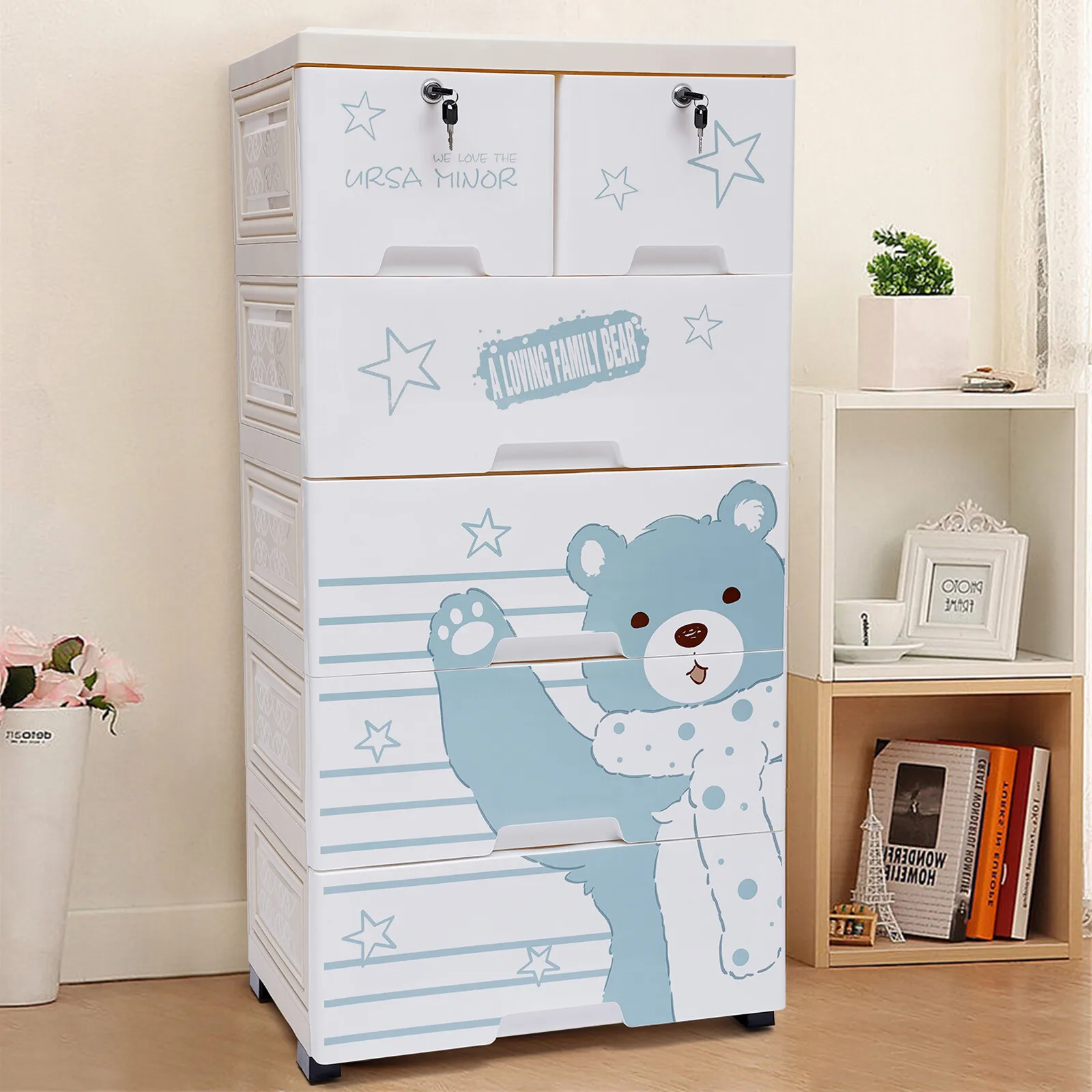 

5-Story Cute Bear Pattern Stacked Wardrobe with Rollers Multifunctional Office Storage Box Large Capacity PP Collection Locker