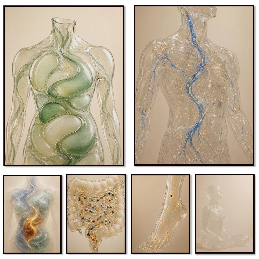 Ayurvedic medical art, fire element and vital energy prints, acupoints, plants, prana energy, holistic health decorative posters