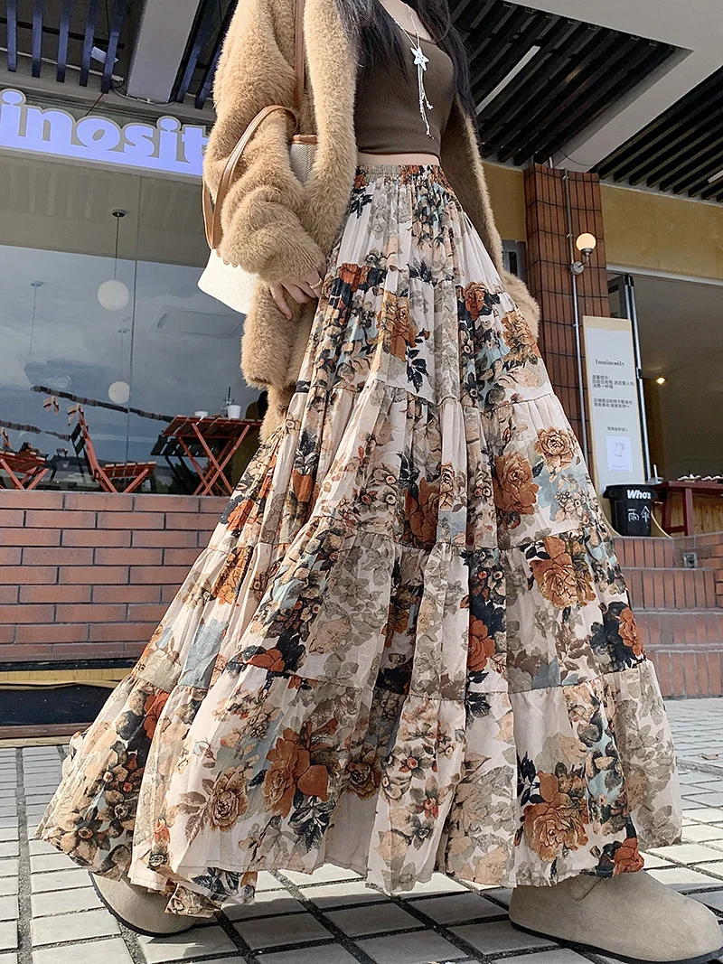 

Высококачественная плиссированная юбка с цветочным принтом, женские длинные юбки трапециевидной формы в стиле ретро, женские 2022, осень-зима, праздничная вечеринка, большие качели макси Faldas