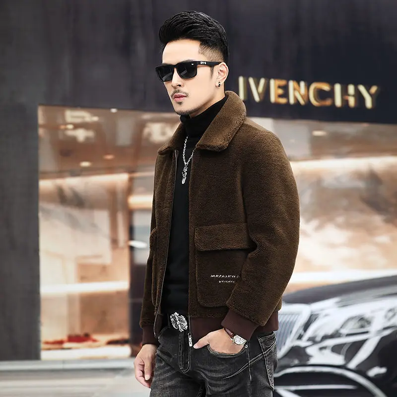 2022 Autumn Winter Shearling Real Fur Jacket Men Lapel Warm Outerwear Men's Natural Lambswool Biker Jacket  Size 6XL O29