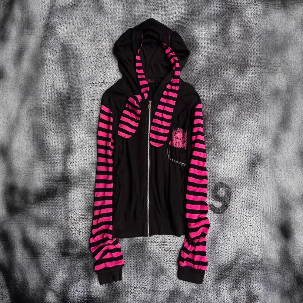 Spring and Autumn Retro New Style Subculture Y2K Striped Pink American Rabbit Ear Hooded Long Sleeve Coat