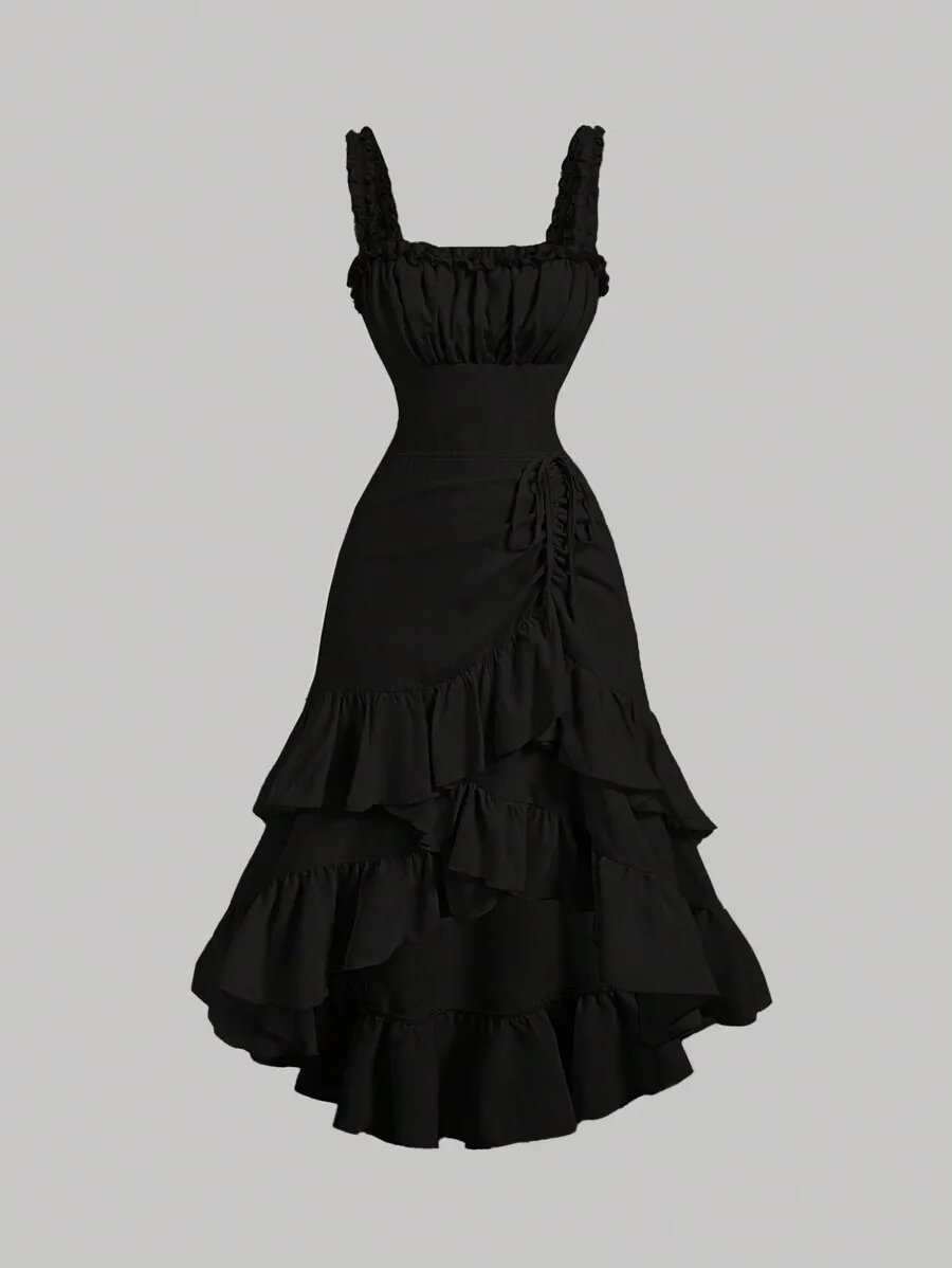 

Черное миди-платье с рюшами и ярусами, квадратный вырез, без рукавов, с завышенной талией, для торжественных случаев