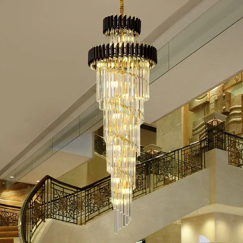 

Luxury Modern Crystal Chandelier For Long Loft Black And Gold Cristal Light Fixture Villa Lobby Living Room Decor Hang Lighting