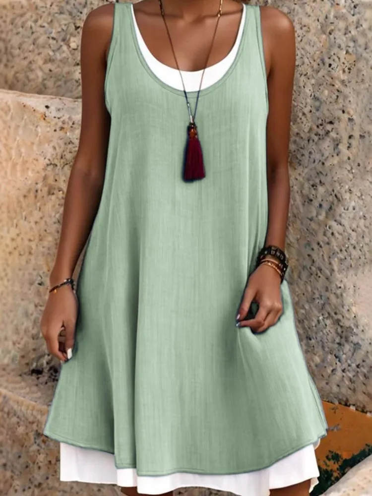 Uoozee Women Contrast Color  Fake Two Piece U-Neck SleevelessA-Line Dress 2026 New Summer Casual Loose Daily Midi Dresses