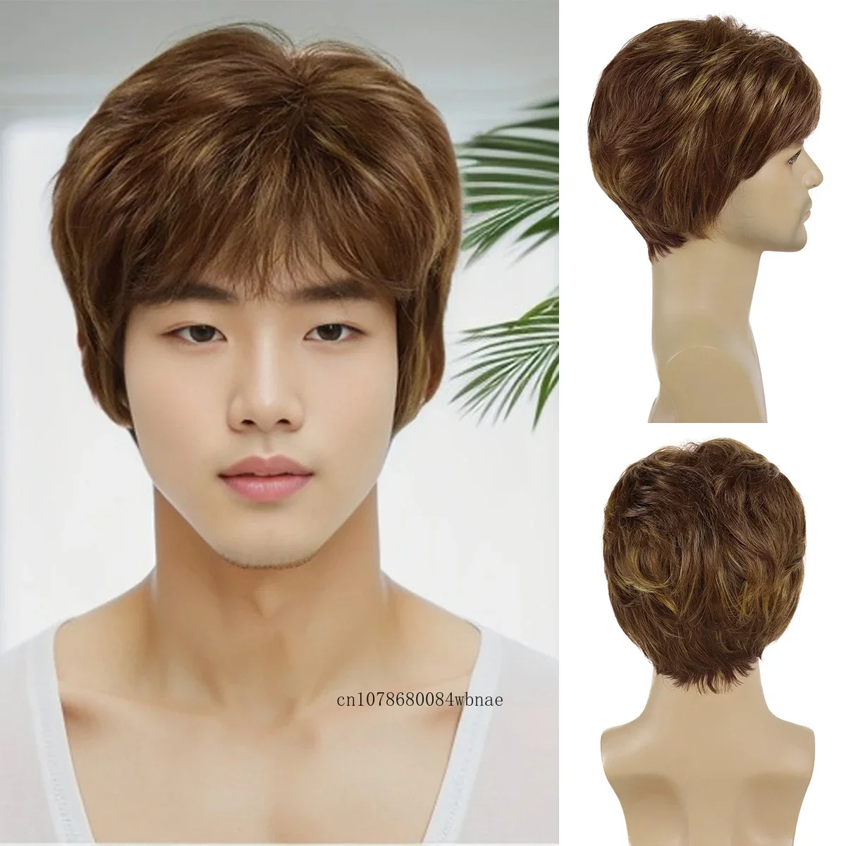 Mens Short Synthetic Hair Wigs Brown Mix Blonde Straight Layered Wig with Bangs for Male Boys Daily Costume Party Heat Resistant