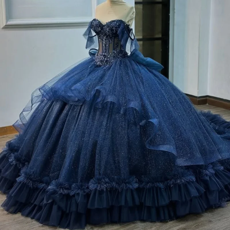 

Shiny dark blue Quinceanera Dress off-shoulder crystal decal Lace layering Bow vestidos de 15 Quinceanera ﻿Customize