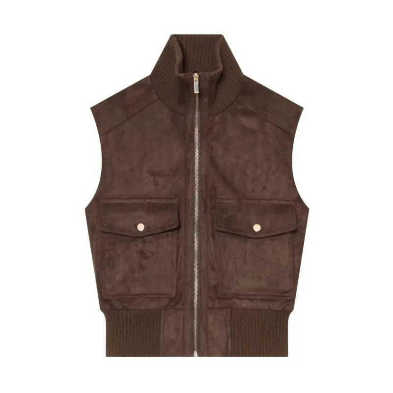 Women's Faux Suede Gilet New 2026 Simple High-Neck Sleeveless Pocket Zipper Woman Waistcoat With Elastic Hem Chic Female Tops