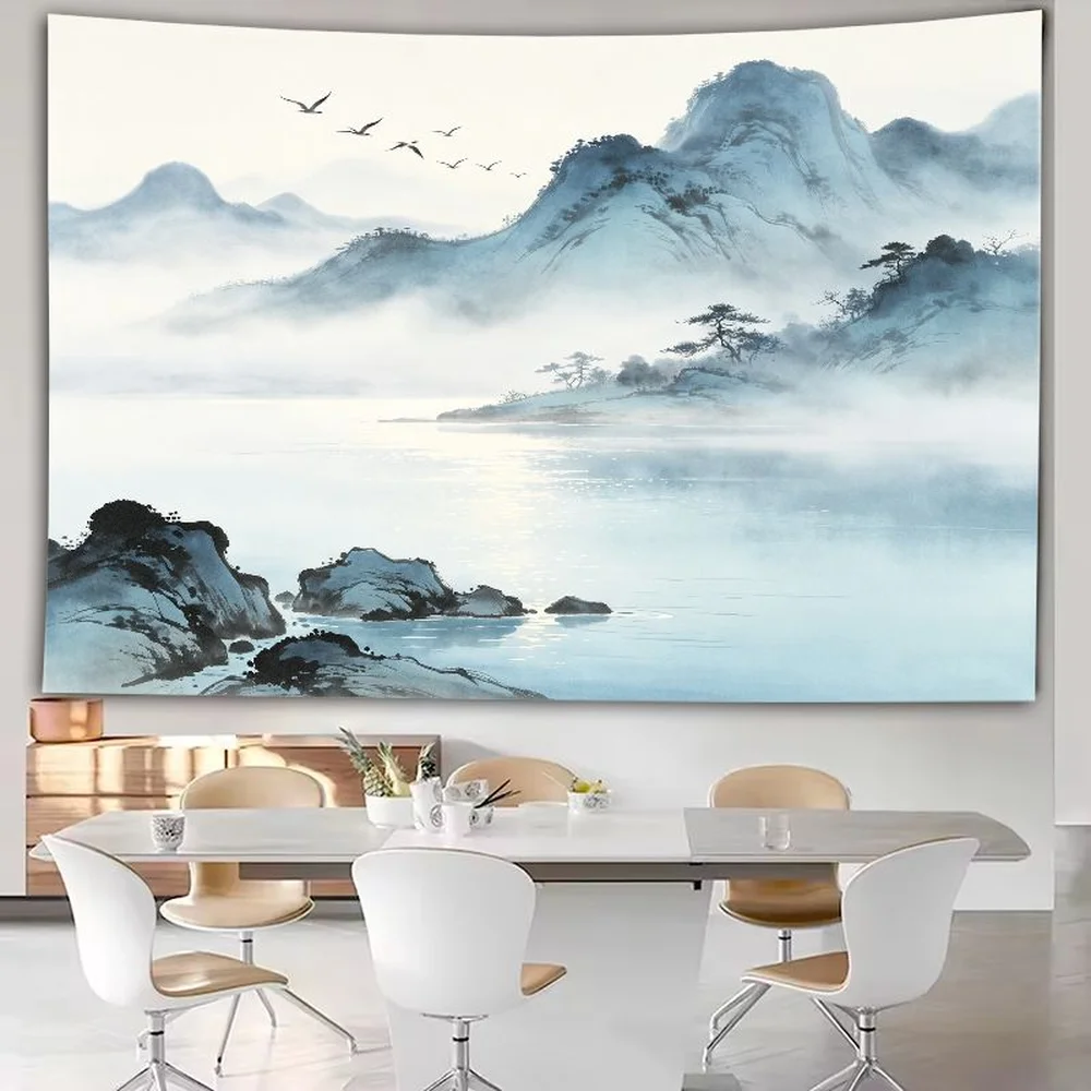 VIKAMA Oriental Wall Hanging – Abstract Green Mountains, Waterfall & Clouds, Asian Home Decor