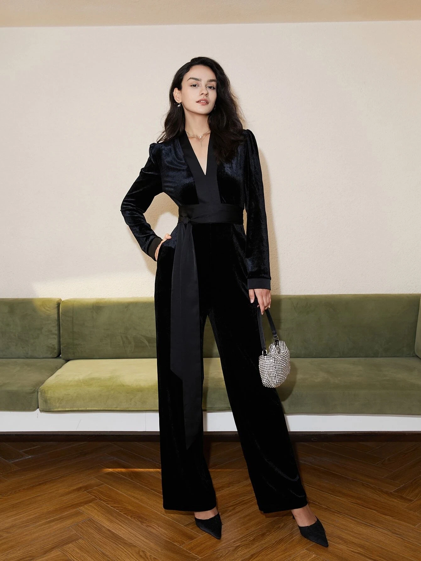 AEL Woman High-end  Fashion V Neck Belted Velvet Drape Waist Jumpsuit Trousers Office Lady Jumpsuits Elegant Overalls 2024 New