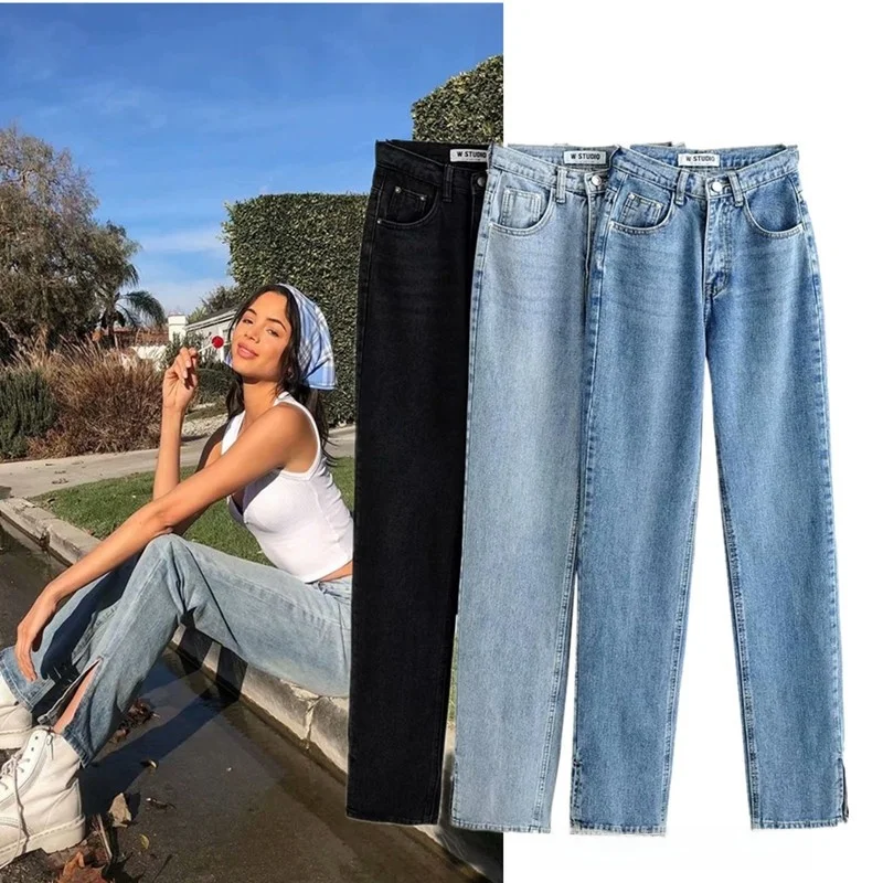 

High Waist Slimming Straight Leg Denim Jeans Women's Fall 2020 Thin Fce Floor-Length Pants with Slits Vintage Sle