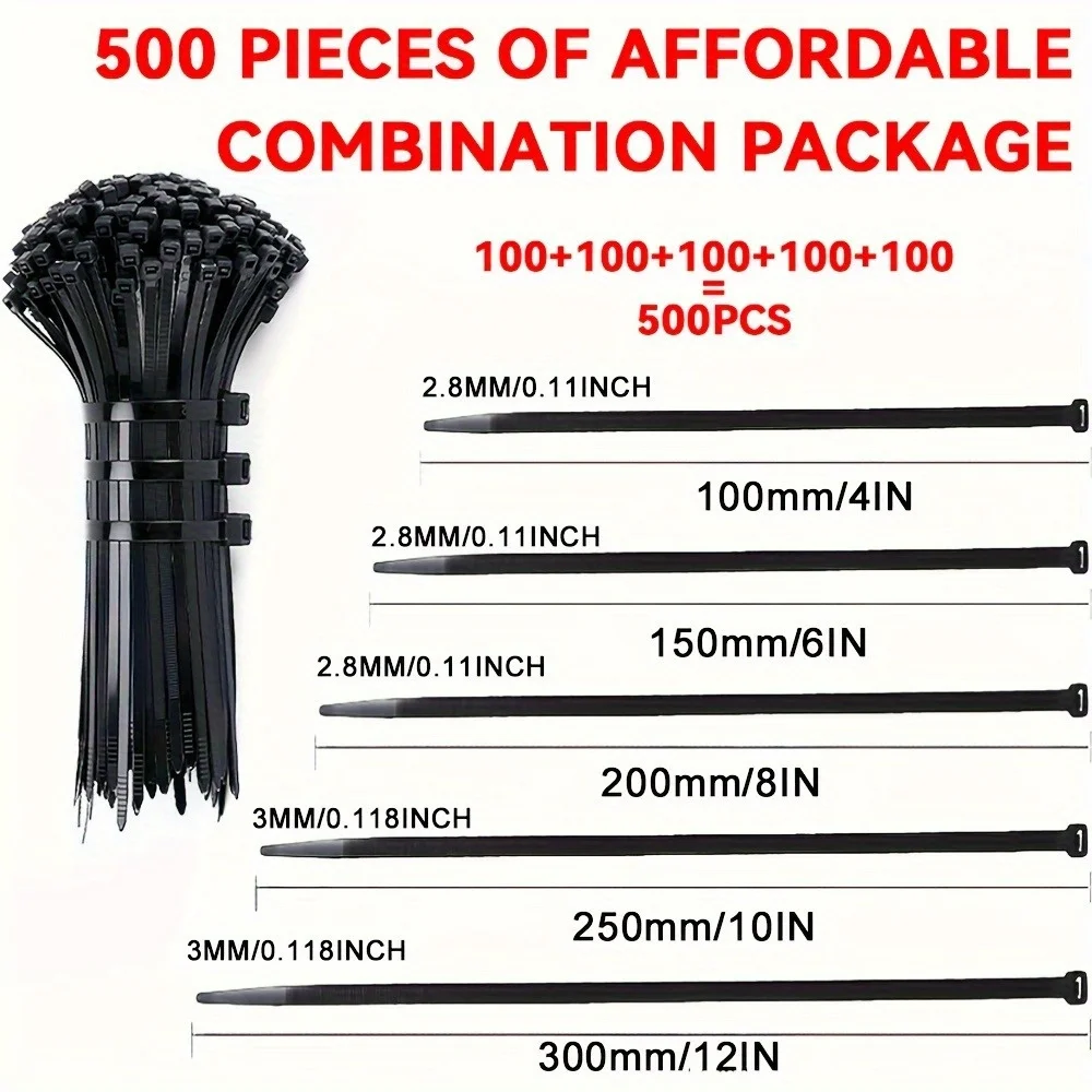 500Pcs Self-locking Cable Ties - Adjustable Anti-slip and Wear-resistant Cable Fixation, Multi-functional Fasteners, Waterproof