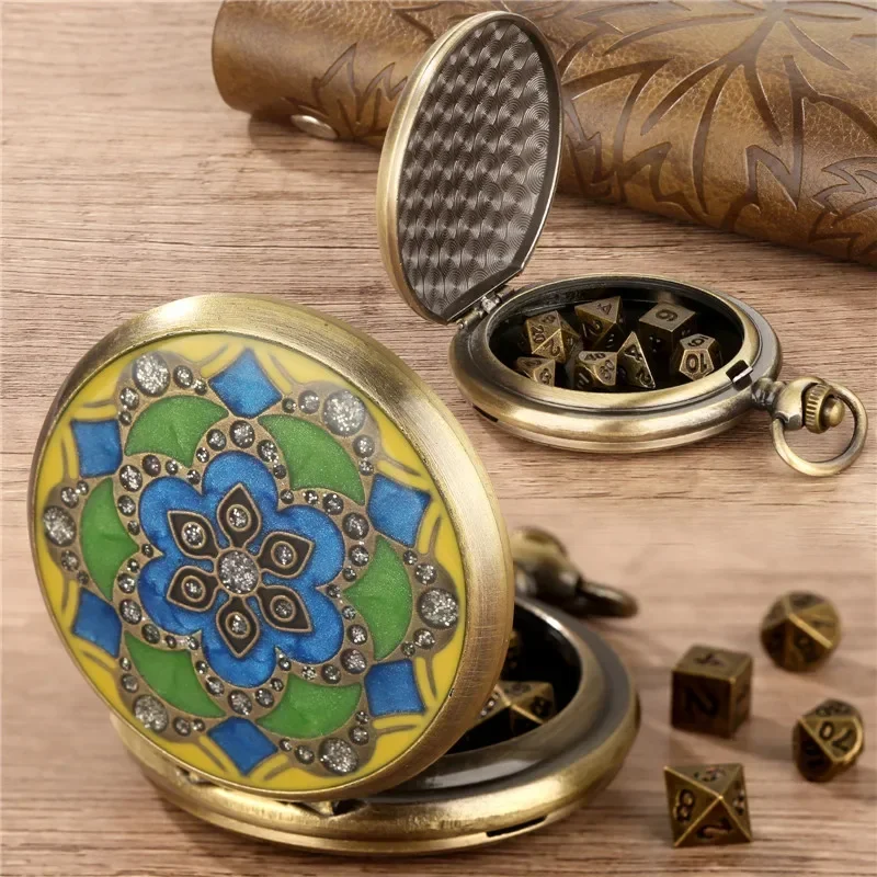 Vintage Tiny 7Pcs/set Metal Polyhedral Dices Role Play Gaming Dice with Crystal Flower Pocket Watch Case Pendant Chain