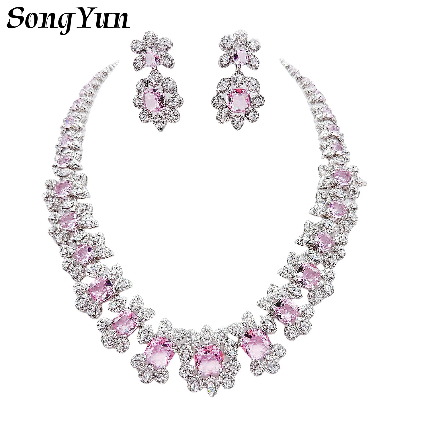 

Набор украшений для женщин: колье и серьги с кристаллами, цирконами и цветами в зеленых, синих, фиолетовых, розовых и красных тонах для свадьбы, банкета или вечеринки