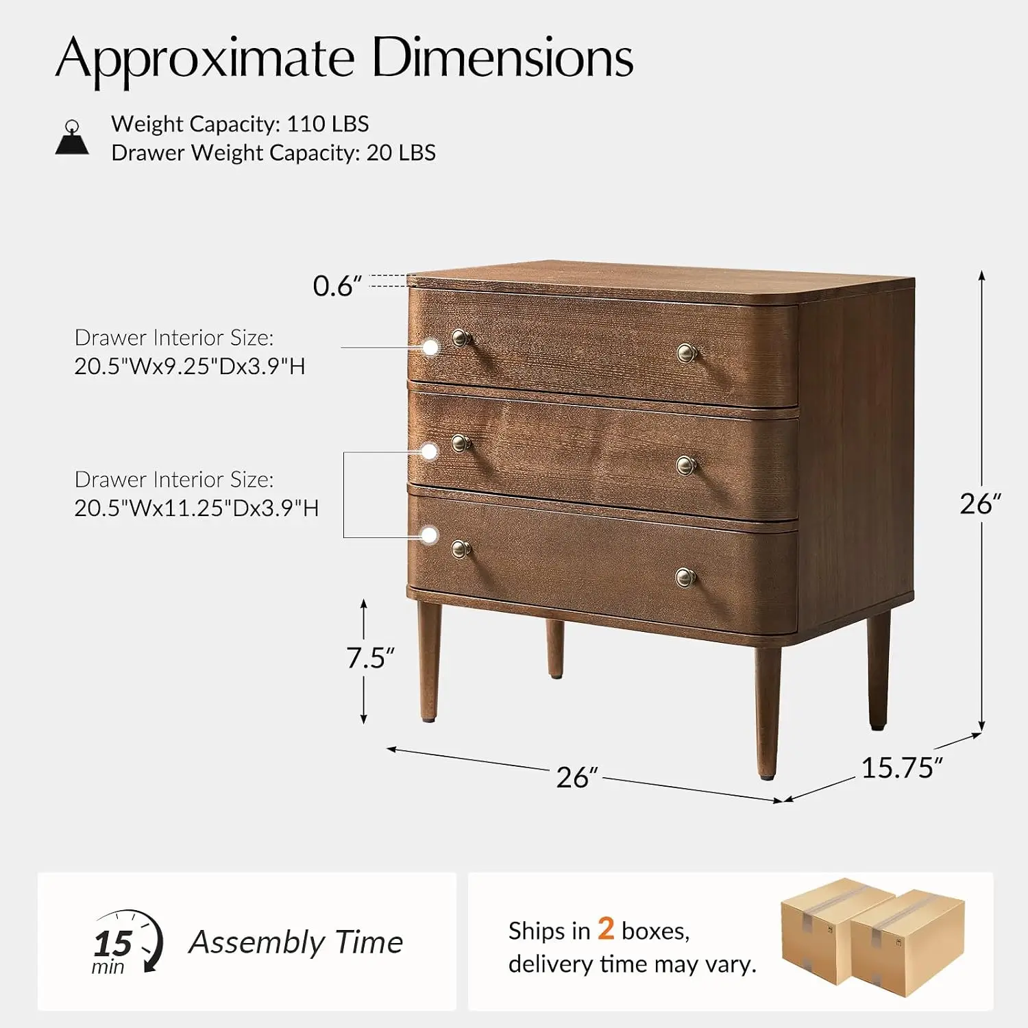 3-Drawer End Table With Charging Station & USB Ports, Set Of 2, Walnut, Customized