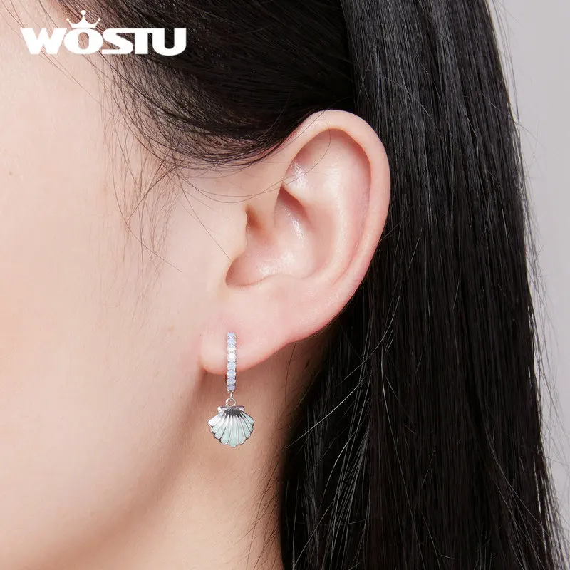 WOSTU 925 Sterling Silver Enamel Process Sea Shell Ear Buckles Pave Setting CZ Hoop Earrings for Women Ocean Series Jewelry