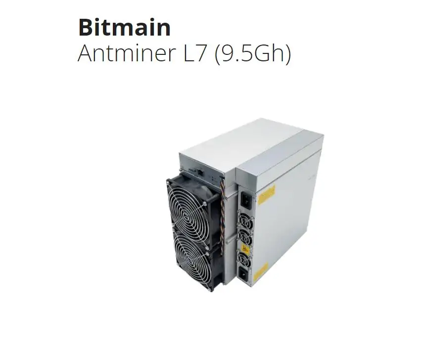 Antminer L7 (9.5Gh) from Bitmain mining Scrypt algorithm with a maximum hashrate of 9.5Gh/s for a power consumption of 3425W.