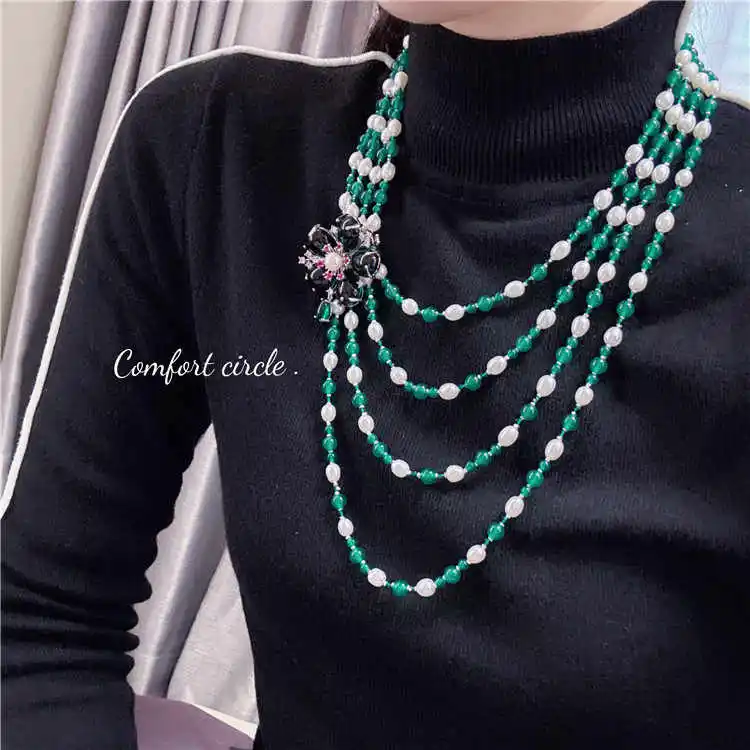 

26" Natural Green Agate And Pearl CZ Connector Necklace With The Brooch Dismantle For Women