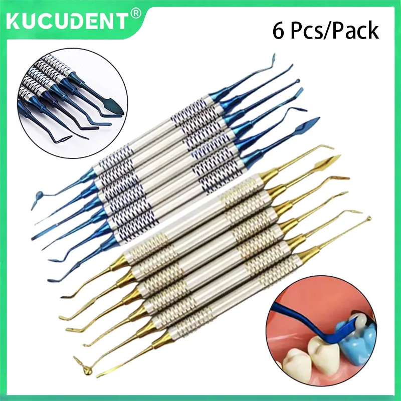 

6 Pcs/Set Dental Composite Resin Filling Set Titanium Plated Head Spatula with Thick Handle Dentistry Instrument Materials