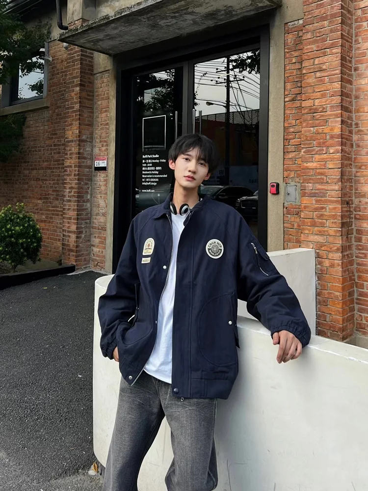 

Cobalt Blue Men's Workwear Jaet Spring Autumn Sle Retro American Baseball Flight Jaet Loose Fit Decorative Strap Waed