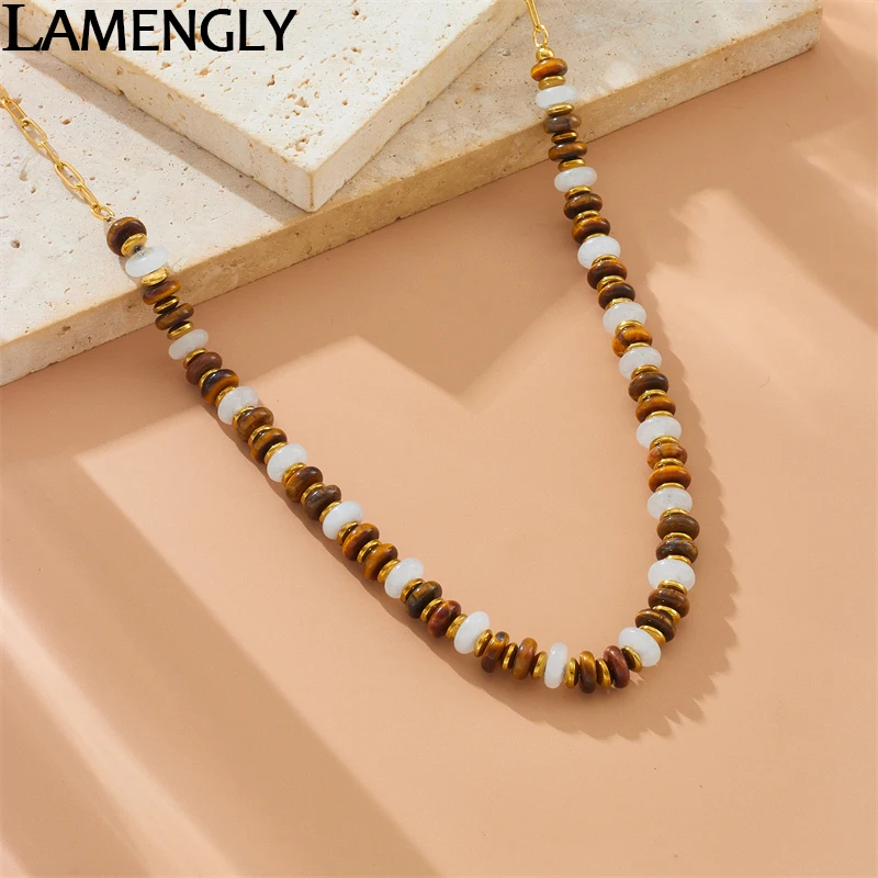 LAMENGLY 316L Stainless Steel Retro Succinite Beaded Necklace For Women Girls Niche Personalized Non-Fading Clavicle Chain