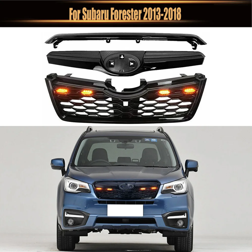 For Subaru Forester 2013-2018 Upper Bumper Grille Racing Grills Gloss Black ABS Sti Style Front Grill Mesh Kit W. LED Lights