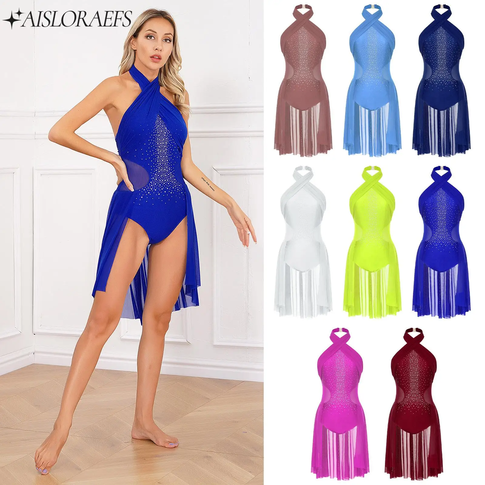 Glänzende Strasssteine, lyrisches Tanzkleid, Eiskunstlauf, moderner Tanz, Performance, Abschlussball, Kostüm, ärmelloses Trikotkleid für Damen