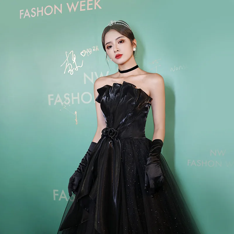 Vintage Black Evening Dress 2024 New Elegant Flowers Appliques Prom Gown Simple Sleeveless A-line Tulle Fairy VestidosCustomized