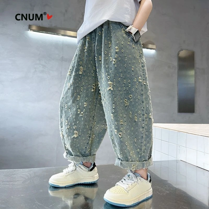 Children's Jacquard Ripped Jeans Spring/Autumn New Style Big Kids Korean Style Trendy Casual Loose Pants