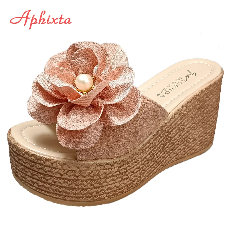 Aphixta 9cm obcasy slajdy perły kryształy aplikacje buty kobieta klapki klapki Wedge Heel platforma kobieta plaża Zapatos Mujer