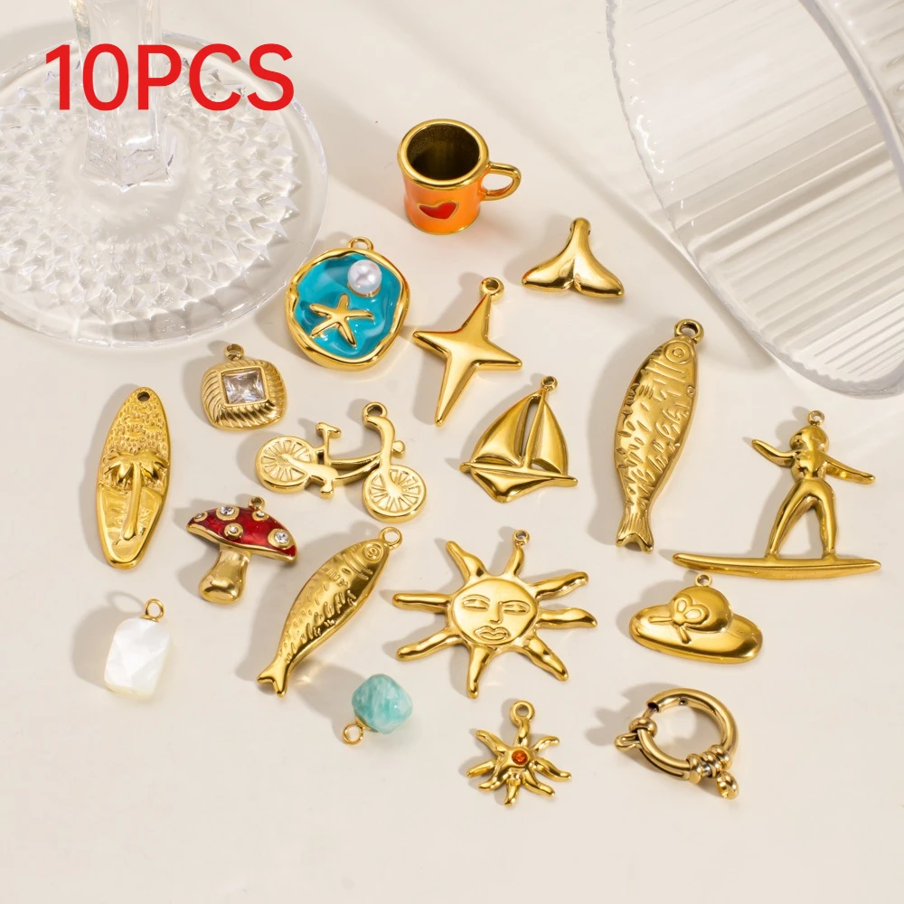 

10Pcs Enamel Stainless Steel Charms Coffee Cup Sailboat Fish Bicycle DIY Pendants Jewelry Accessories