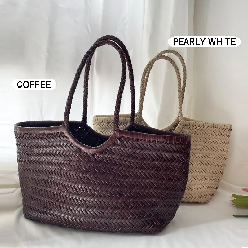 dragon pure handmade first-layer cowhide woven bag for women summer french niche vegetable basket bag genuine leather shoulder tote bag