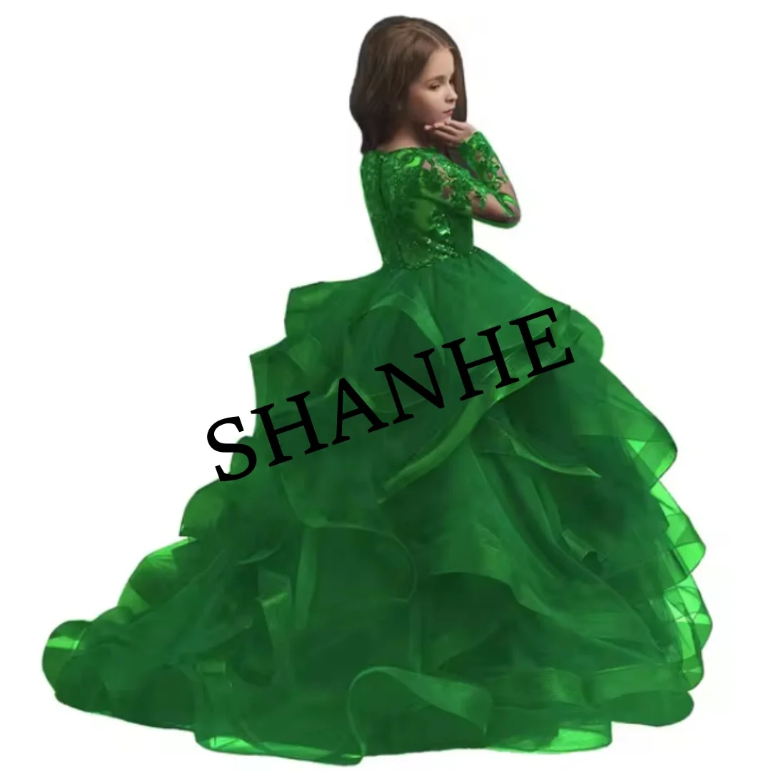 CustomizedTulle Flower Girl Dress For Wedding Sequined Lace Princess Pageant Dresses Toddler Girls Full Sleeve Birthday Party Ba